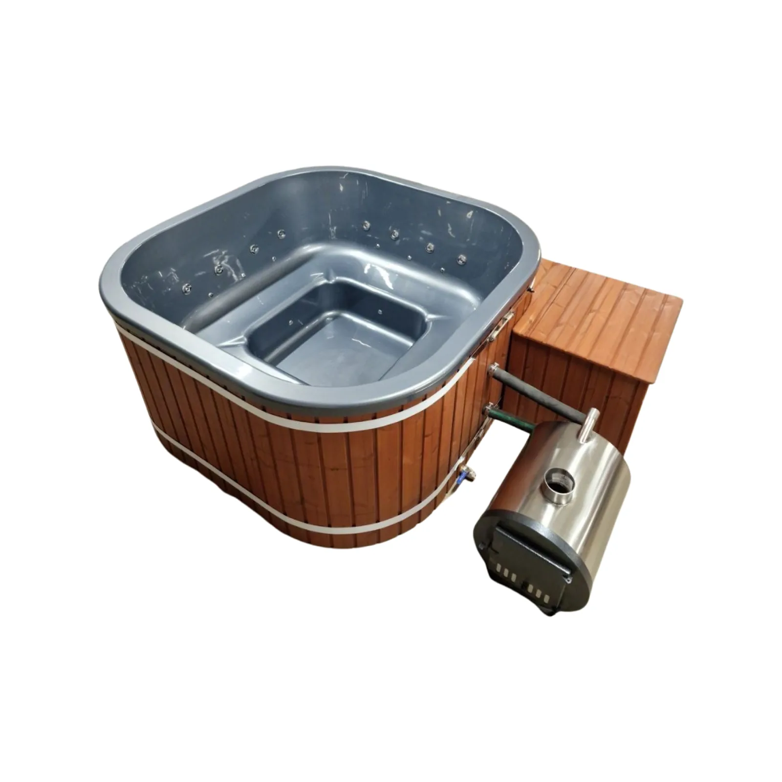 Quadratischer Berlin-Badezuber mit externem Ofen und Box, Darstellung